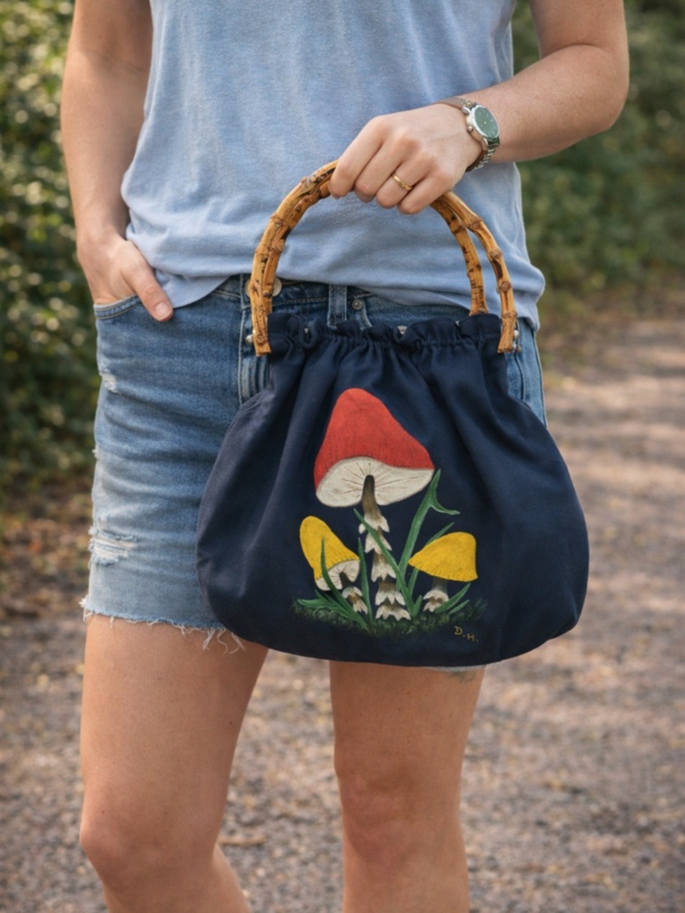 Vintage Blue Mushrooms Bag w Bamboo Handles - Picture 1 of 9